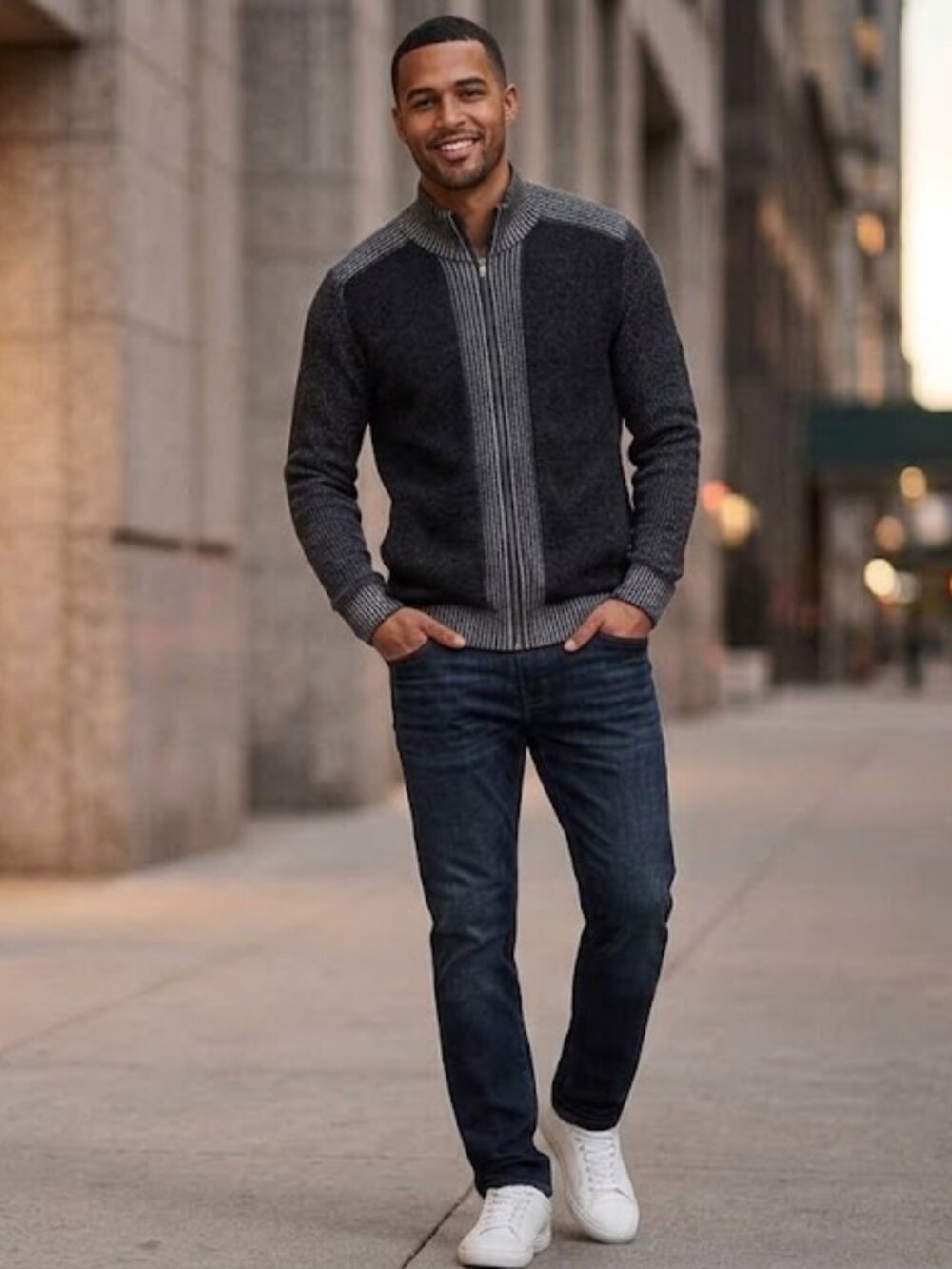 INC International Concepts Men’s Size L Full-Zip Sweater Jacket Black Gray Cotto